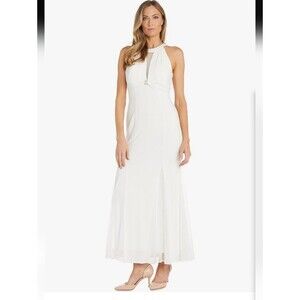 NWOT Nightway Luna elegant White Halter-Style Evening Gown Center Jewel Sz 16W
